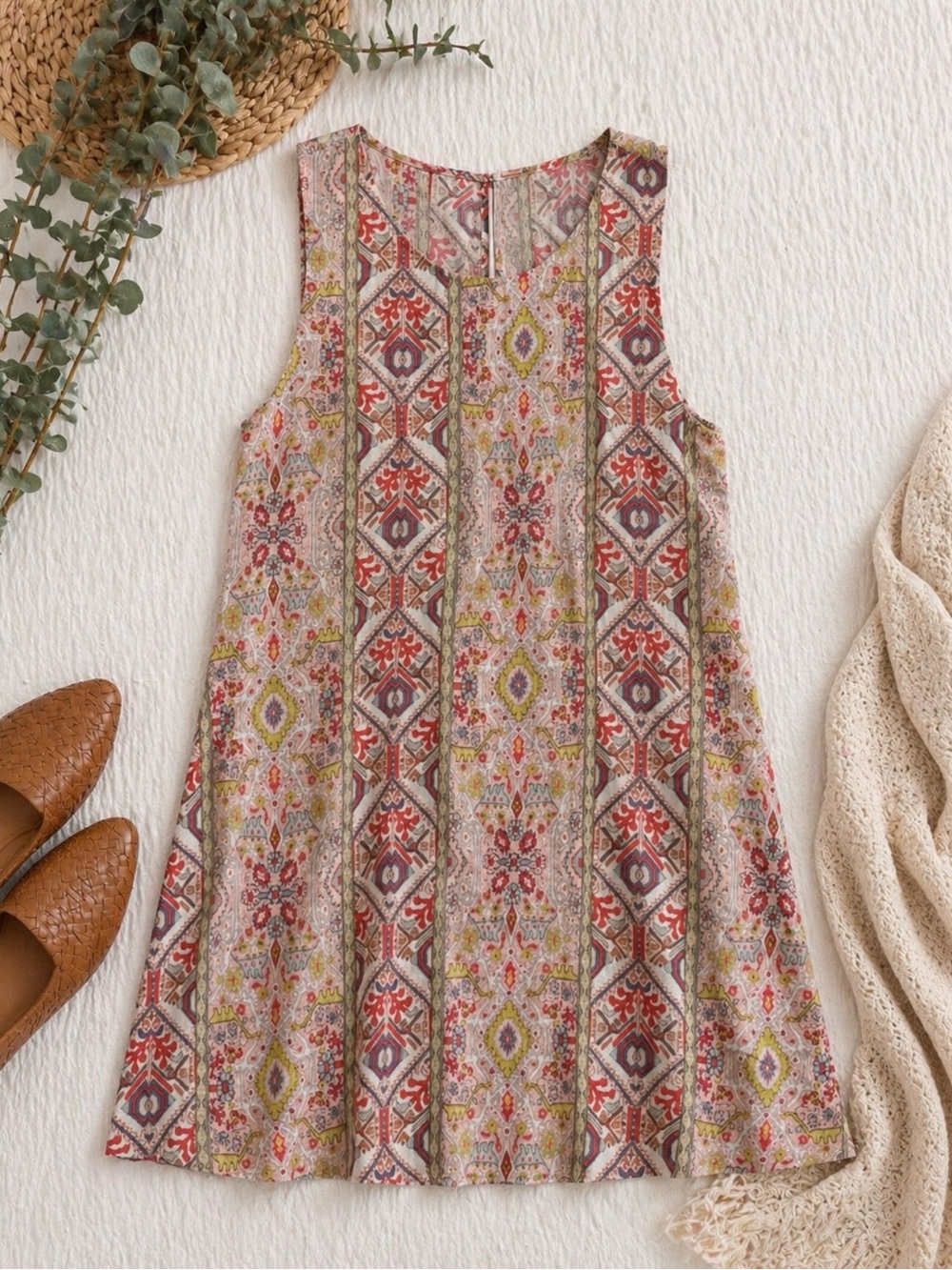 Rachel Zoe Multicolor Linen Printed Shift Dress — Red, Yellow, Taupe
